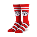 Pair of red and white crew socks with 'Sock 1' and 'Sock 2' in a circular design. Horizontal stripes at the cuffs and bottom.