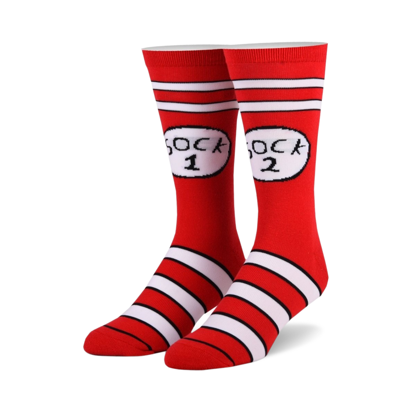 Pair of red and white crew socks with 'Sock 1' and 'Sock 2' in a circular design. Horizontal stripes at the cuffs and bottom.