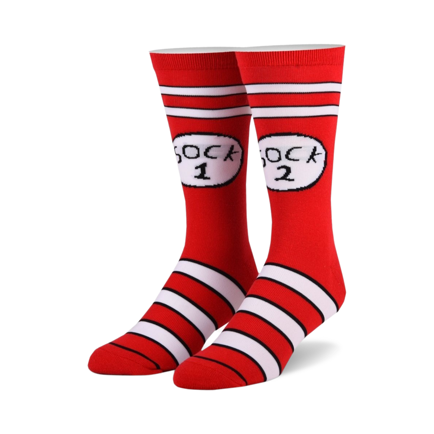 Pair of red and white crew socks with 'Sock 1' and 'Sock 2' in a circular design. Horizontal stripes at the cuffs and bottom.
