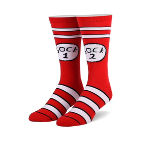 striped crew socks with "sock 1" and "sock 2" in white circles. perfect for men and women who love dr. seuss.   