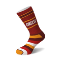 Crew socks in red, orange, and white with horizontal stripes and the 'Cheez-It' logo. A fun, snack-themed design.