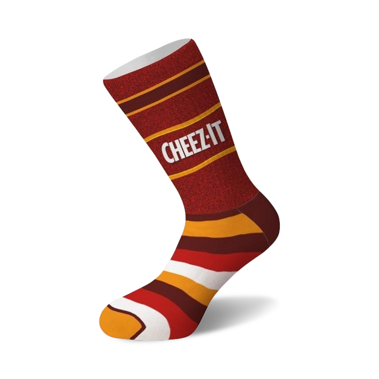 Crew socks in red, orange, and white with horizontal stripes and the 'Cheez-It' logo. A fun, snack-themed design.