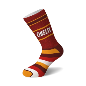 red and white striped cheez-it heather crew socks with cheez-it logo on the side.   