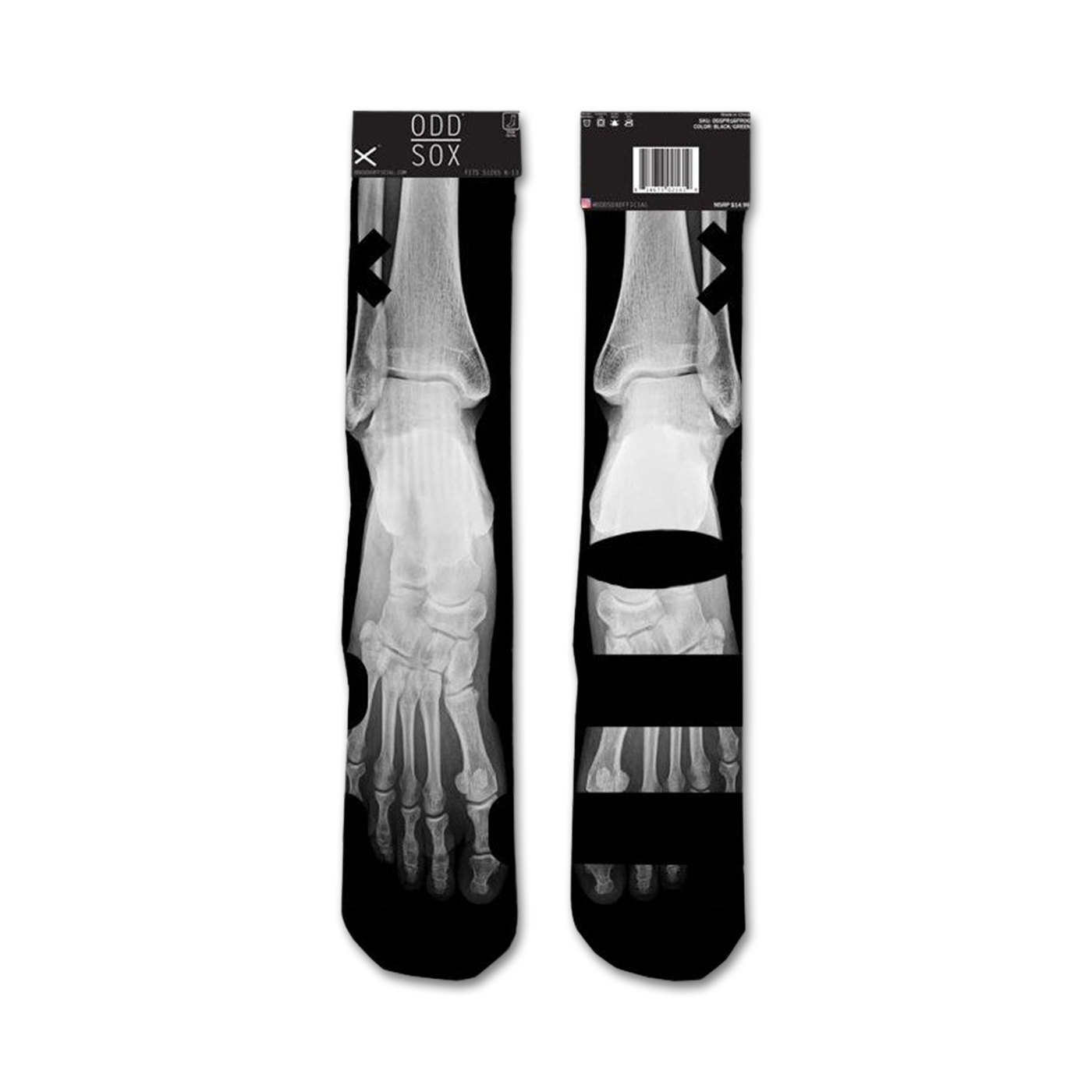 Pair of black and white ankle socks. The design is an x-ray image of feet, with black accents.