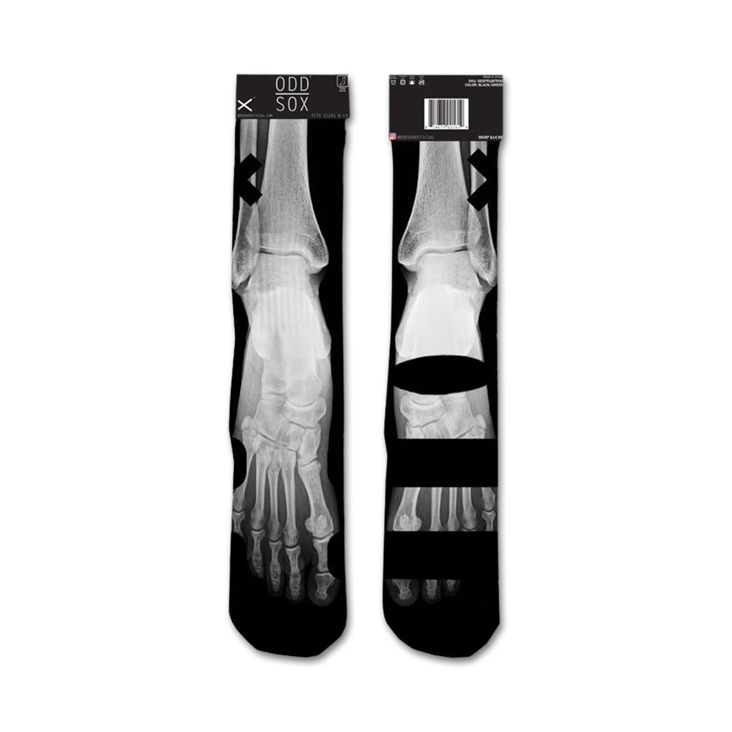 Pair of black and white ankle socks. The design is an x-ray image of feet, with black accents.