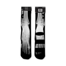 black crew socks with white x-ray pattern of bones. made of cotton. men's and women's.  
