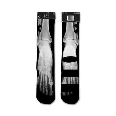 black crew socks with white x-ray pattern of bones. made of cotton. men's and women's.  