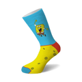 Crew socks in yellow and light blue.  SpongeBob SquarePants is depicted in a joyful pose on the sock's upper portion.