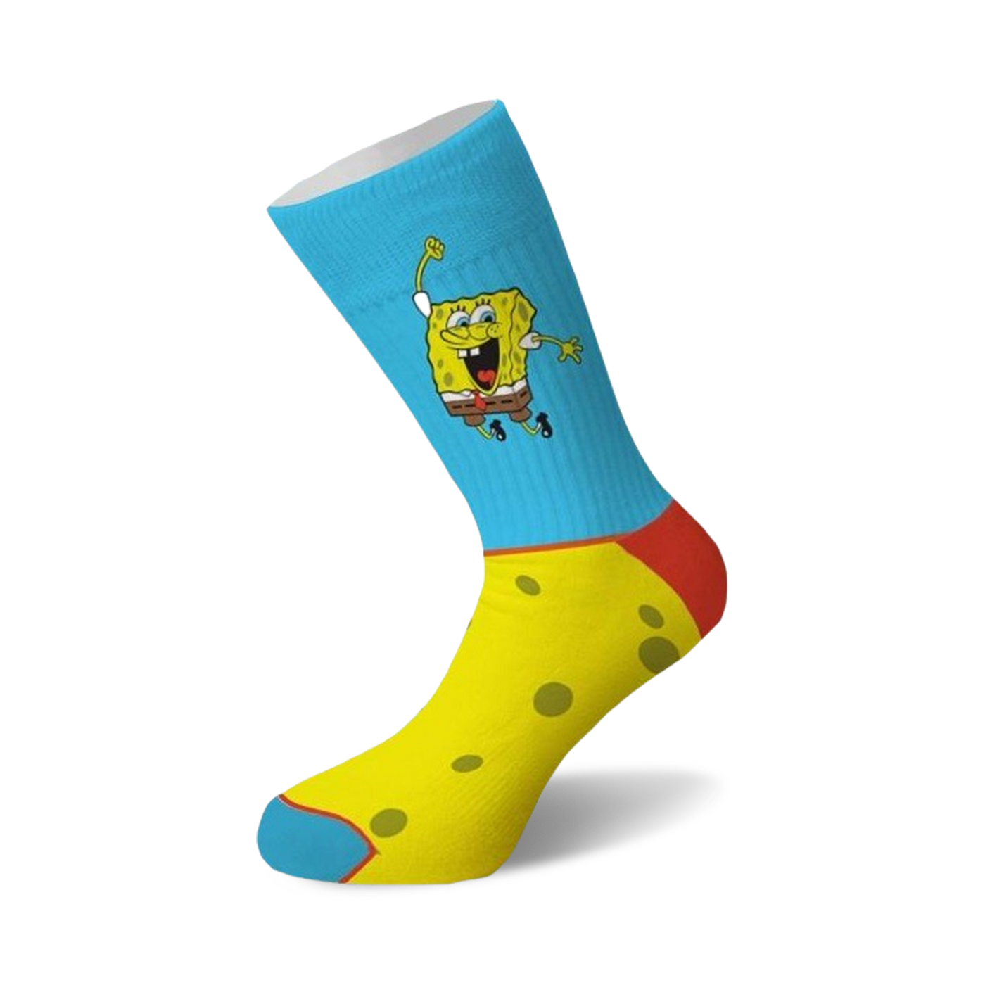 Crew socks in yellow and light blue.  SpongeBob SquarePants is depicted in a joyful pose on the sock's upper portion.