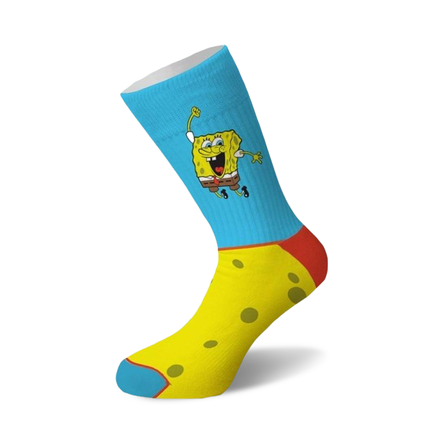 Crew socks in yellow and light blue.  SpongeBob SquarePants is depicted in a joyful pose on the sock's upper portion.