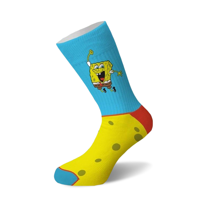 blue and yellow spongebob squarepants crew socks for men and women   }}