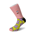 Crew socks in pink, yellow, and purple featuring Patrick Star from Spongebob Squarepants.  Patrick's face is on the top of the sock, with a yellow and purple pattern on the bottom.