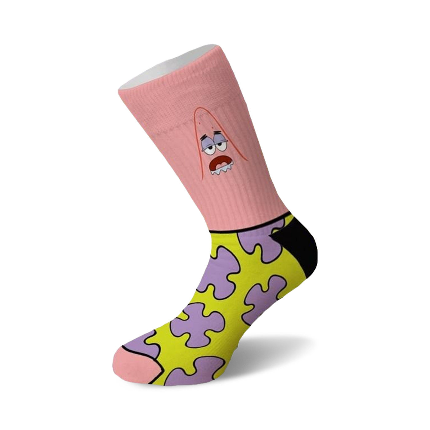 Crew socks in pink, yellow, and purple featuring Patrick Star from Spongebob Squarepants.  Patrick's face is on the top of the sock, with a yellow and purple pattern on the bottom.