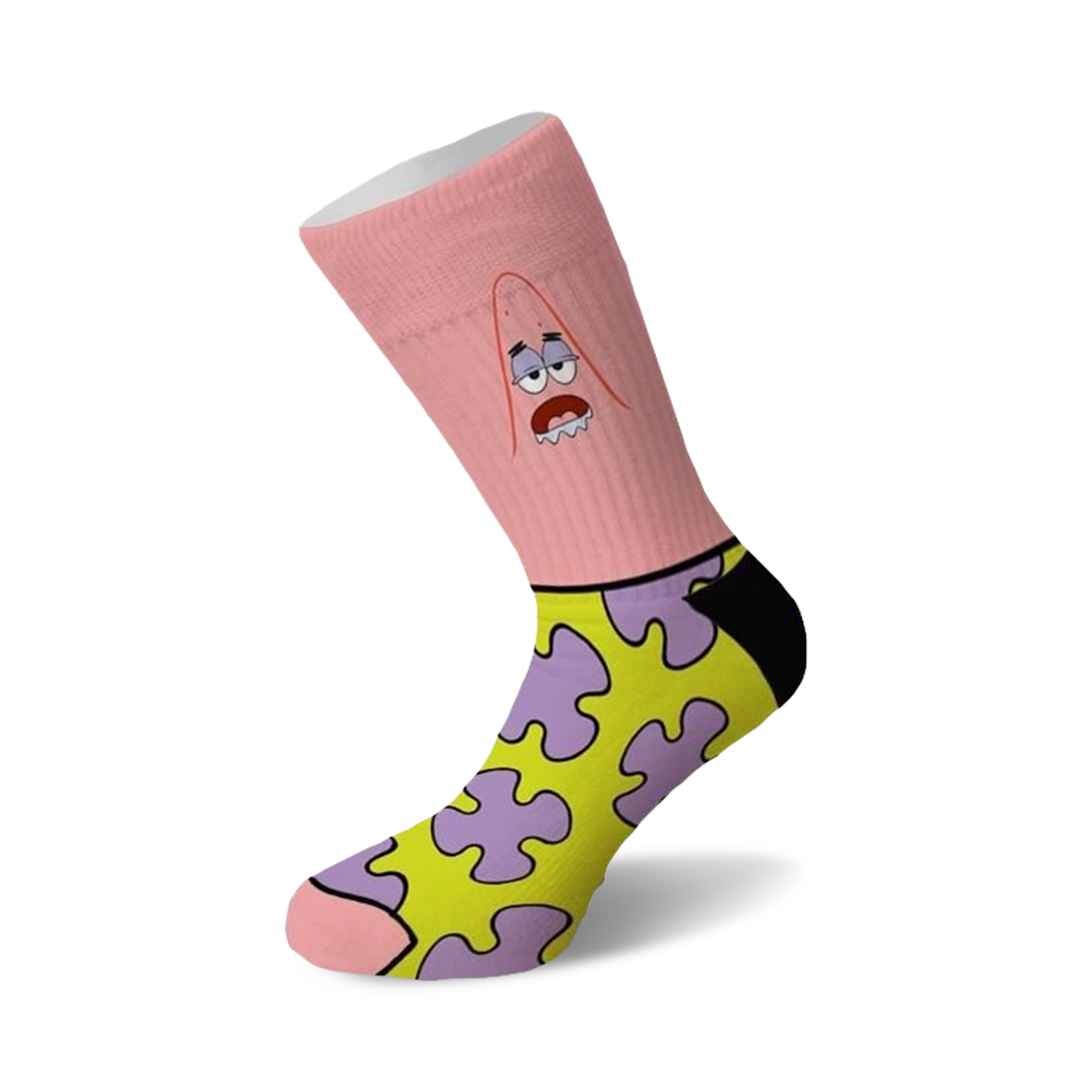 Crew socks in pink, yellow, and purple featuring Patrick Star from Spongebob Squarepants.  Patrick's face is on the top of the sock, with a yellow and purple pattern on the bottom.