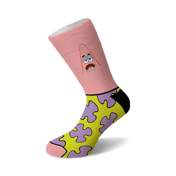  patrick starfish novelty character dress sock for men and women. features a pink & blk. design, hi-res character image, plus a complementary purple & yellow jigsaw piece pattern. made with a quality cotton-blend with reinforced heels & toes.   