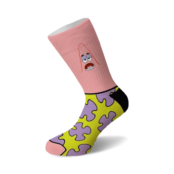  patrick starfish novelty character dress sock for men and women. features a pink & blk. design, hi-res character image, plus a complementary purple & yellow jigsaw piece pattern. made with a quality cotton-blend with reinforced heels & toes.    }}