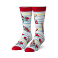 Pair of crew socks with red cuffs, white background, light blue stripes, and repeating Mr. Krabs cartoon character design.