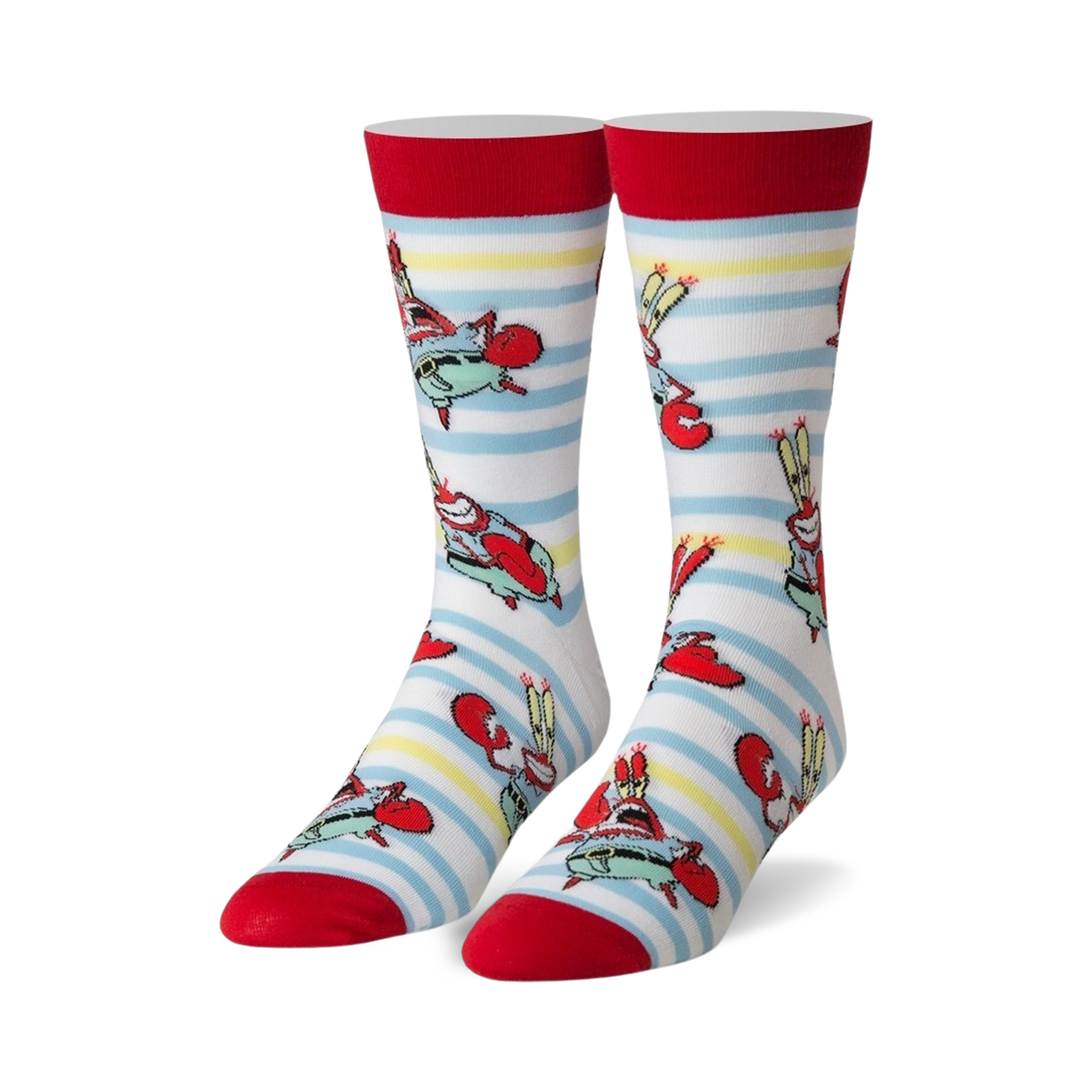 Pair of crew socks with red cuffs, white background, light blue stripes, and repeating Mr. Krabs cartoon character design.