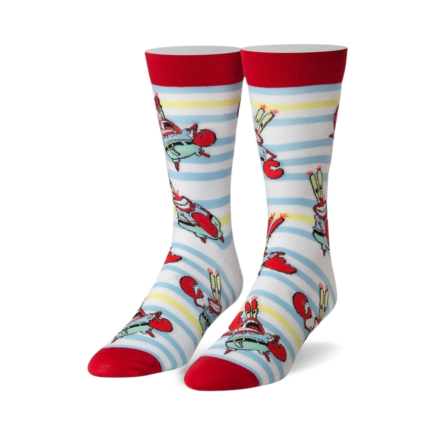 Pair of crew socks with red cuffs, white background, light blue stripes, and repeating Mr. Krabs cartoon character design.