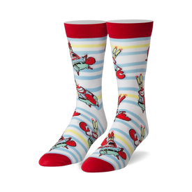 white mr. krabs novelty socks with light blue stripes; spongebob cartoon socks for men and women.  