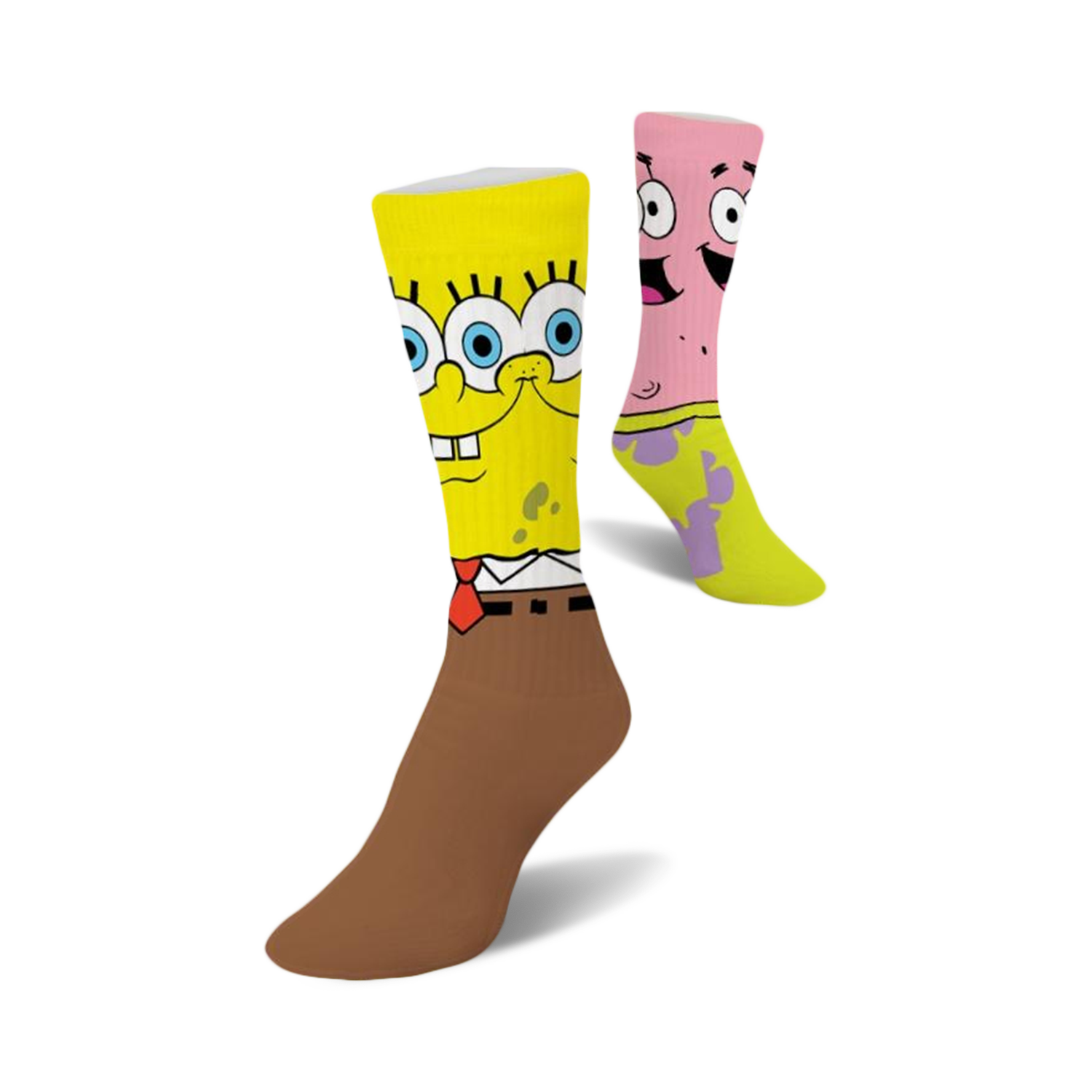 Crew socks featuring Spongebob Squarepants and Patrick Star. Spongebob's sock is yellow and brown, Patrick's is pink and green.