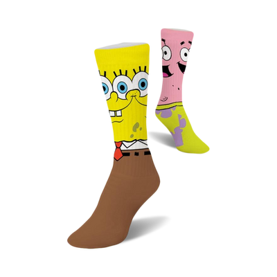 womens spongebob & patrick cartoon character crew socks, yellow & brown  