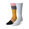 Pair of crew socks; one yellow and black pencil-themed, the other white with light blue notebook stripes. Fun and quirky design.
