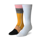 Pair of crew socks; one yellow and black pencil-themed, the other white with light blue notebook stripes. Fun and quirky design.