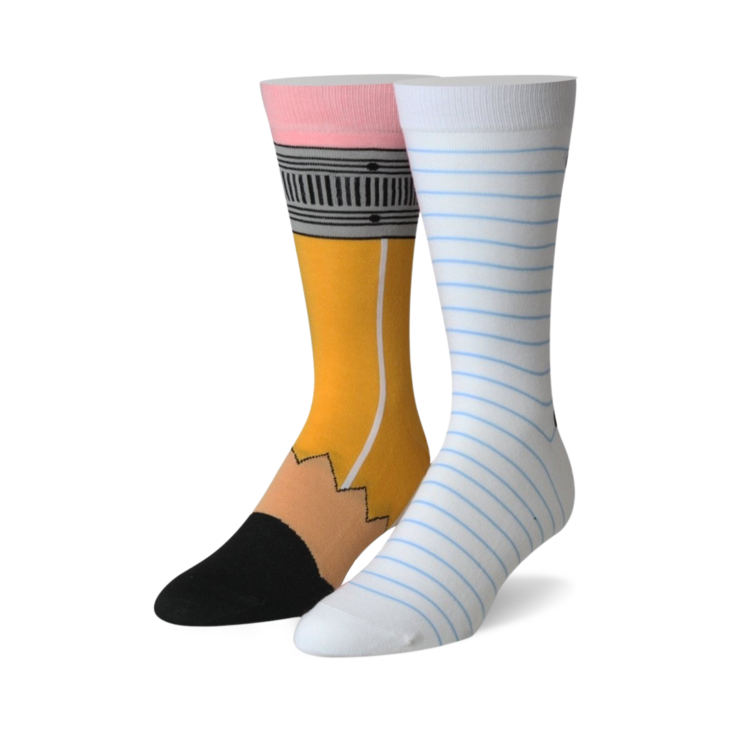 Pair of crew socks; one yellow and black pencil-themed, the other white with light blue notebook stripes. Fun and quirky design.