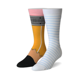 yellow and white crew socks with black and light blue lines; pencil & paper pattern; funny socks for men and women.  