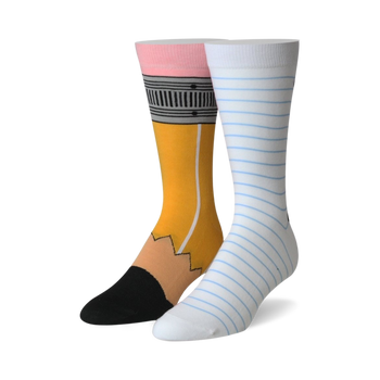 yellow and white crew socks with black and light blue lines; pencil & paper pattern; funny socks for men and women.  