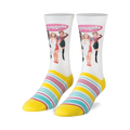 Pair of white crew socks with a Clueless movie image and yellow, teal, and pink stripes at the bottom.