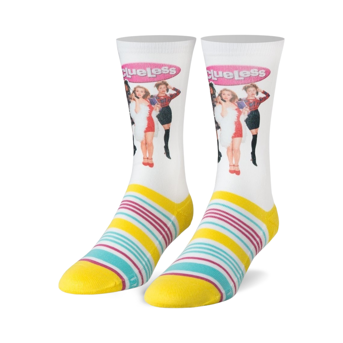 Pair of white crew socks with a Clueless movie image and yellow, teal, and pink stripes at the bottom.