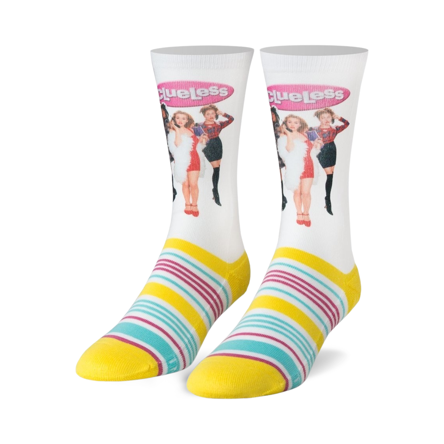 Pair of white crew socks with a Clueless movie image and yellow, teal, and pink stripes at the bottom.