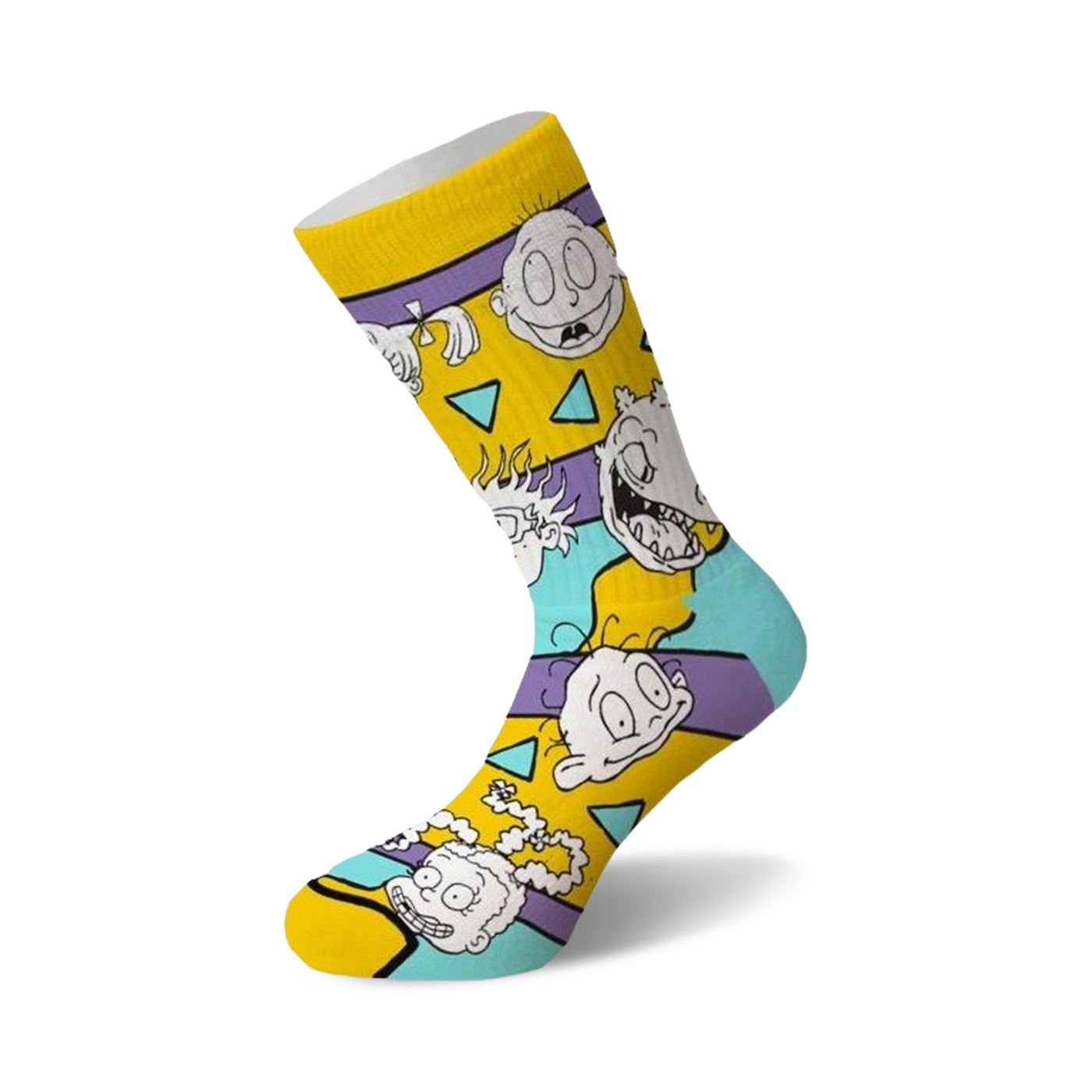 Crew socks featuring Rugrats characters. Predominantly yellow and teal with purple accents. Tommy, Chuckie, and other Rugrats are depicted.