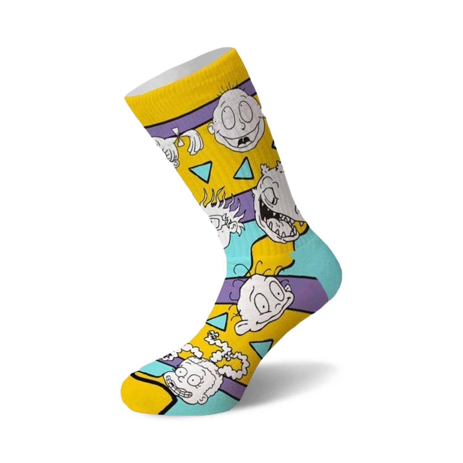Crew socks featuring Rugrats characters. Predominantly yellow and teal with purple accents. Tommy, Chuckie, and other Rugrats are depicted.