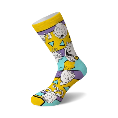 yellow crew socks for men and women featuring a pattern of cartoon babies from the show rugrats.   