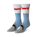 Crew socks in light blue, white, and gray.  The socks feature the 'JAWS' logo and a shark's mouth graphic.