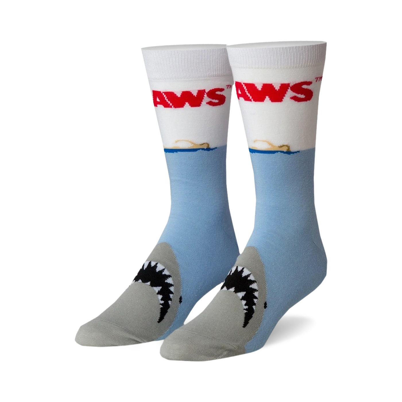 Crew socks in light blue, white, and gray.  The socks feature the 'JAWS' logo and a shark's mouth graphic.