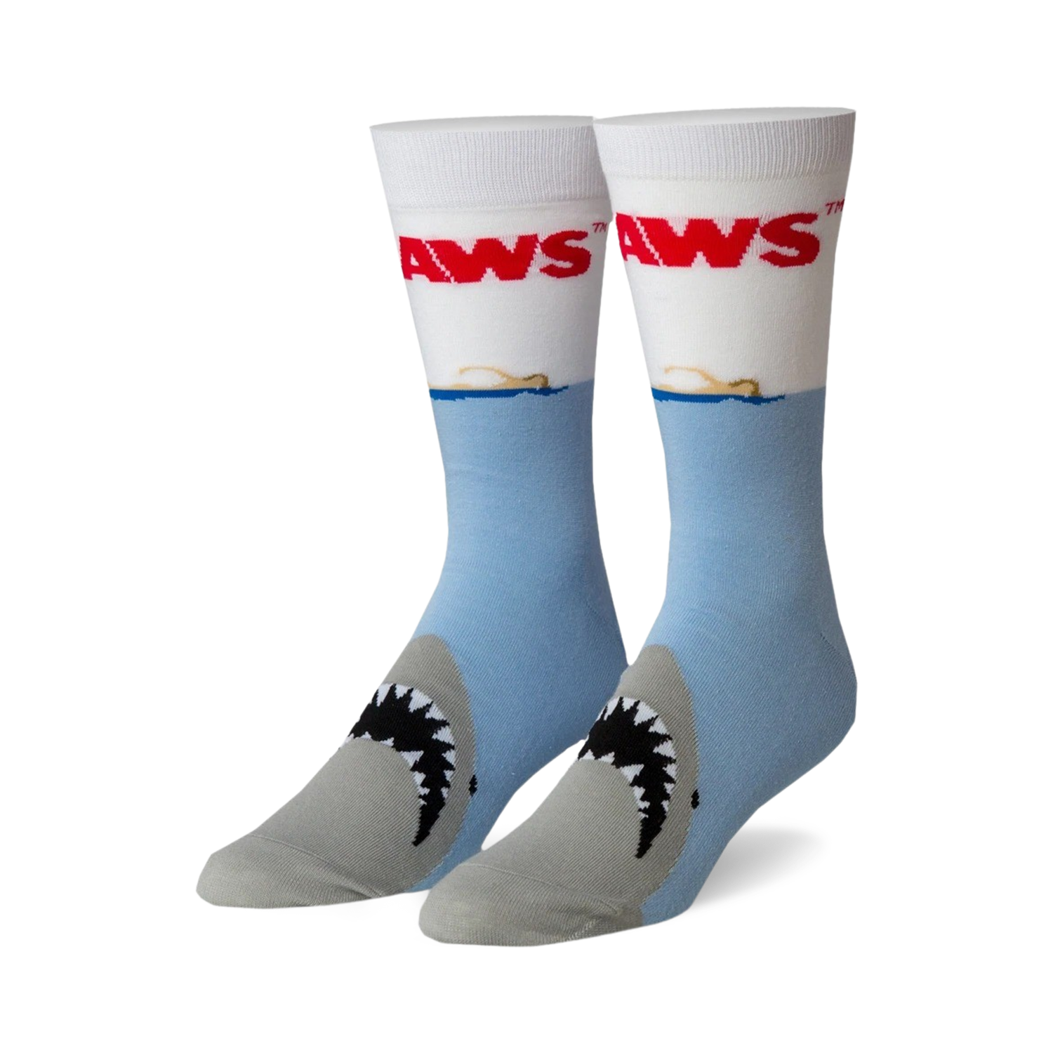 Crew socks in light blue, white, and gray.  The socks feature the 'JAWS' logo and a shark's mouth graphic.