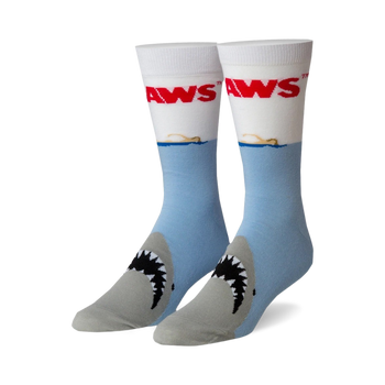 white, blue, and gray shark mouth socks with the word "jaws" in red letters. for men and women. 