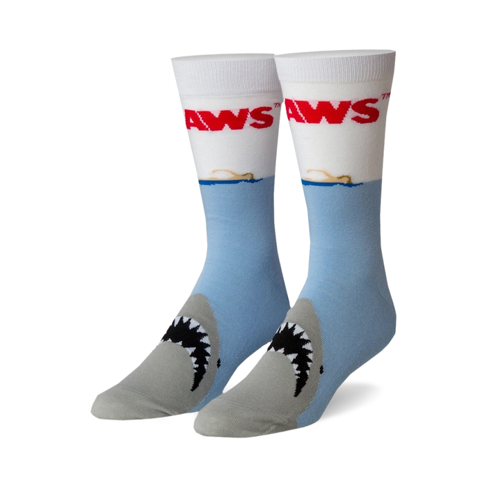 white, blue, and gray shark mouth socks with the word 