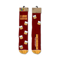 A pair of crew socks in burgundy with a repeating pattern of yellow whiskey glasses and the text 'I Love Scotch' and 'Anchorman'.