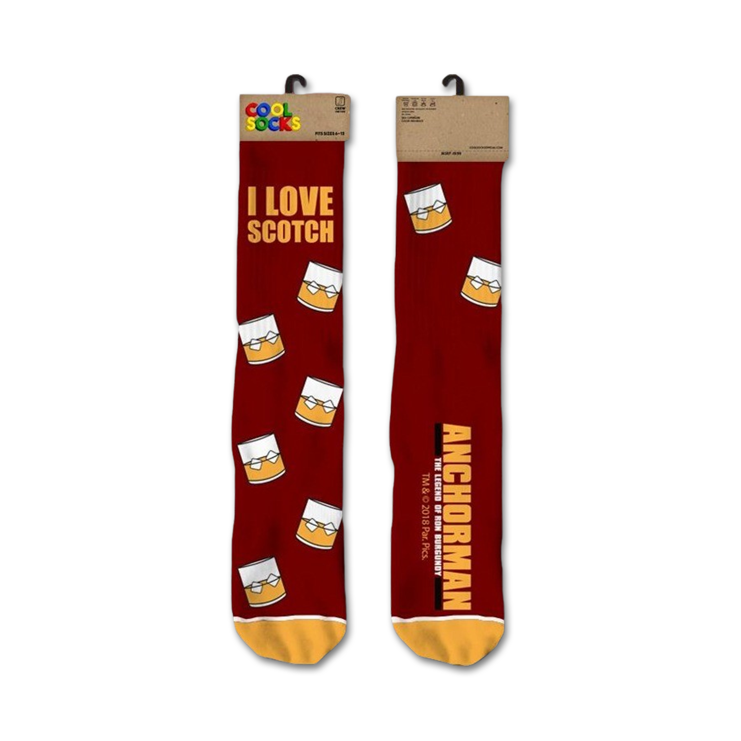 A pair of crew socks in burgundy with a repeating pattern of yellow whiskey glasses and the text 'I Love Scotch' and 'Anchorman'.