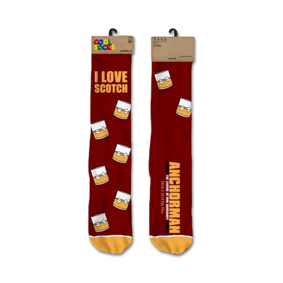 maroon crew socks with cartoon glasses of scotch pattern, â€œi love scotchâ€ text, and â€œanchormanâ€ text. 