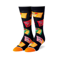 Pair of black crew socks with colorful Top Ramen cup designs. Features orange, red, yellow, and green ramen packaging graphics.