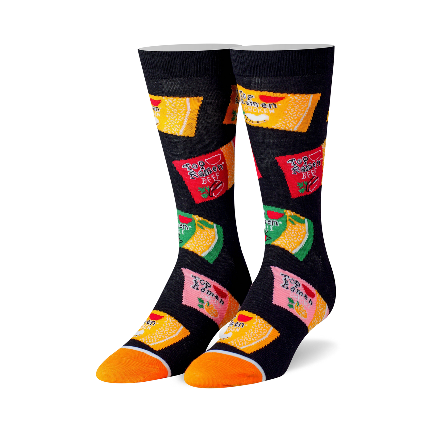 Pair of black crew socks with colorful Top Ramen cup designs. Features orange, red, yellow, and green ramen packaging graphics.