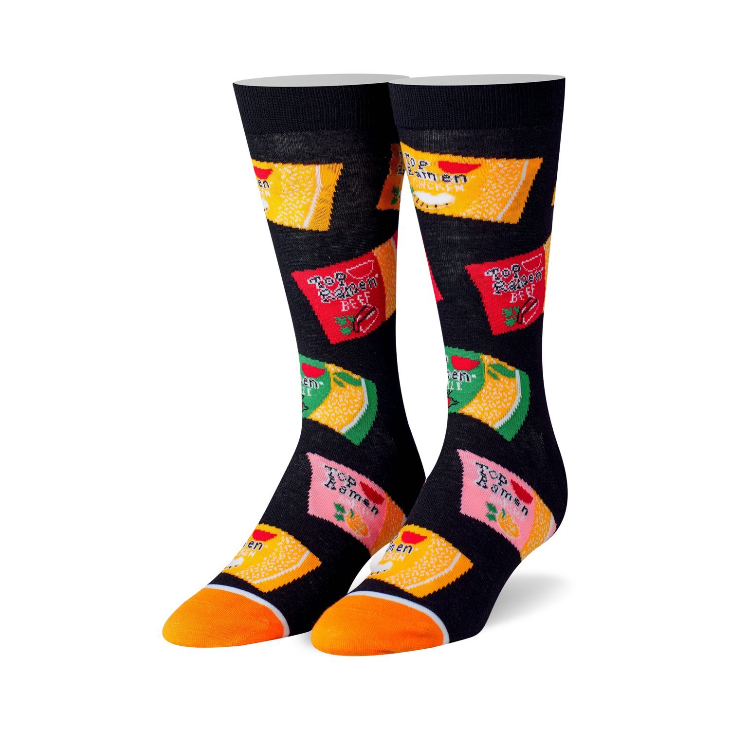 Pair of black crew socks with colorful Top Ramen cup designs. Features orange, red, yellow, and green ramen packaging graphics.