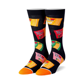 black crew socks with a pattern of red, yellow, orange, and pink top ramen noodle packages.  