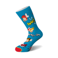 Crew socks in teal blue, featuring the Snap, Crackle, and Pop Rice Krispies characters and comic-style 'SNAP!', 'CRACKLE!', 'POP!' text.